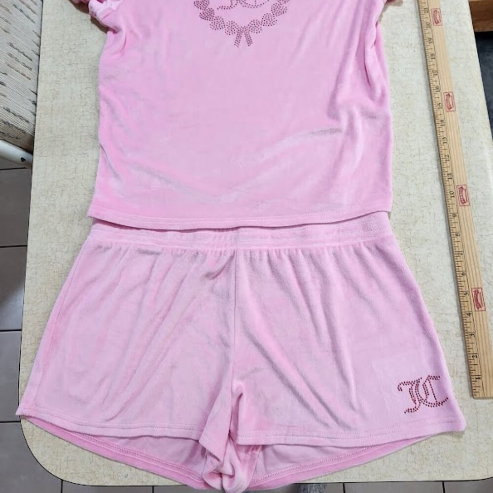 Juicy Couture Womens Pajama Set Large Pink Velour Short Sleeve Top & Shorts